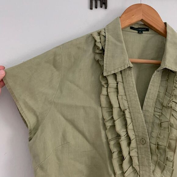 For Cynthia light green 100% linen button down shirt sleeved ruffle chest XL - Picture 3 of 6